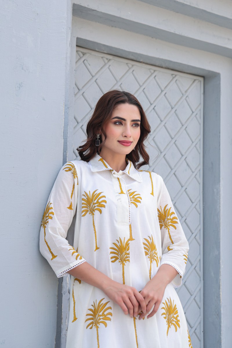 PREMIUM WHITE COTTON CO-ORD SET WITH HAND BLOCK PALM PRINT – COMFORTABLE & STYLISH DAILY WEAR
