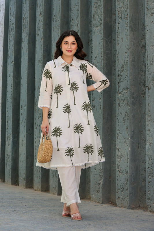 PREMIUM WHITE COTTON CO-ORDS SET WITH HAND BLOCK PALM PRINT – ELEGANT DAILY & OFFICE WEAR