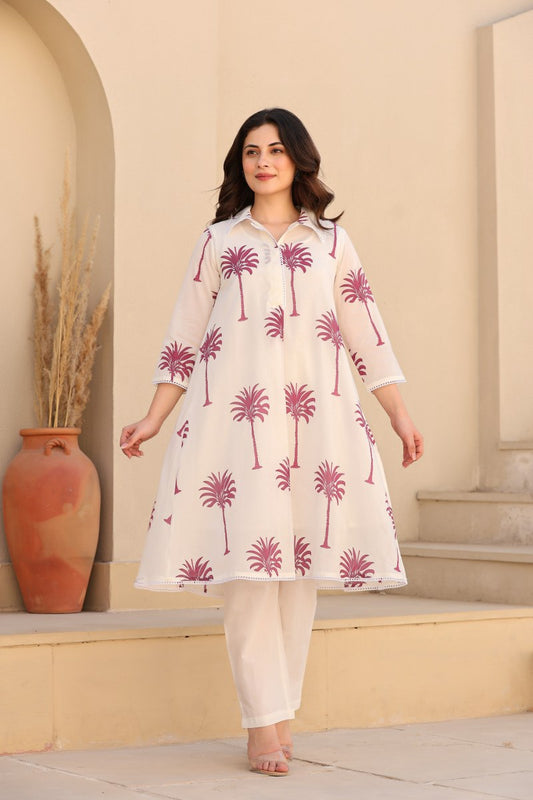 PREMIUM WHITE COTTON CO-ORD SET WITH HAND BLOCK PALM PRINT COMFORTABLE & STYLISH