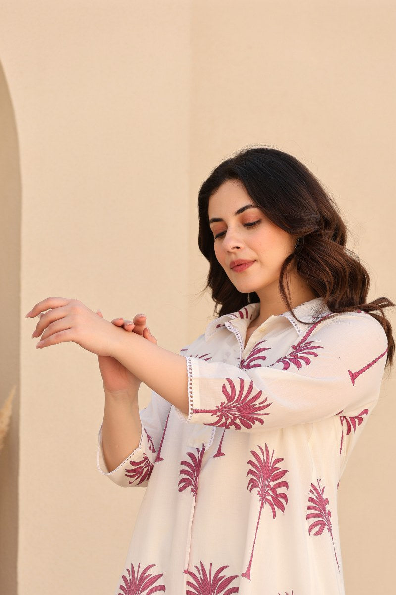 PREMIUM WHITE COTTON CO-ORD SET WITH HAND BLOCK PALM PRINT COMFORTABLE & STYLISH