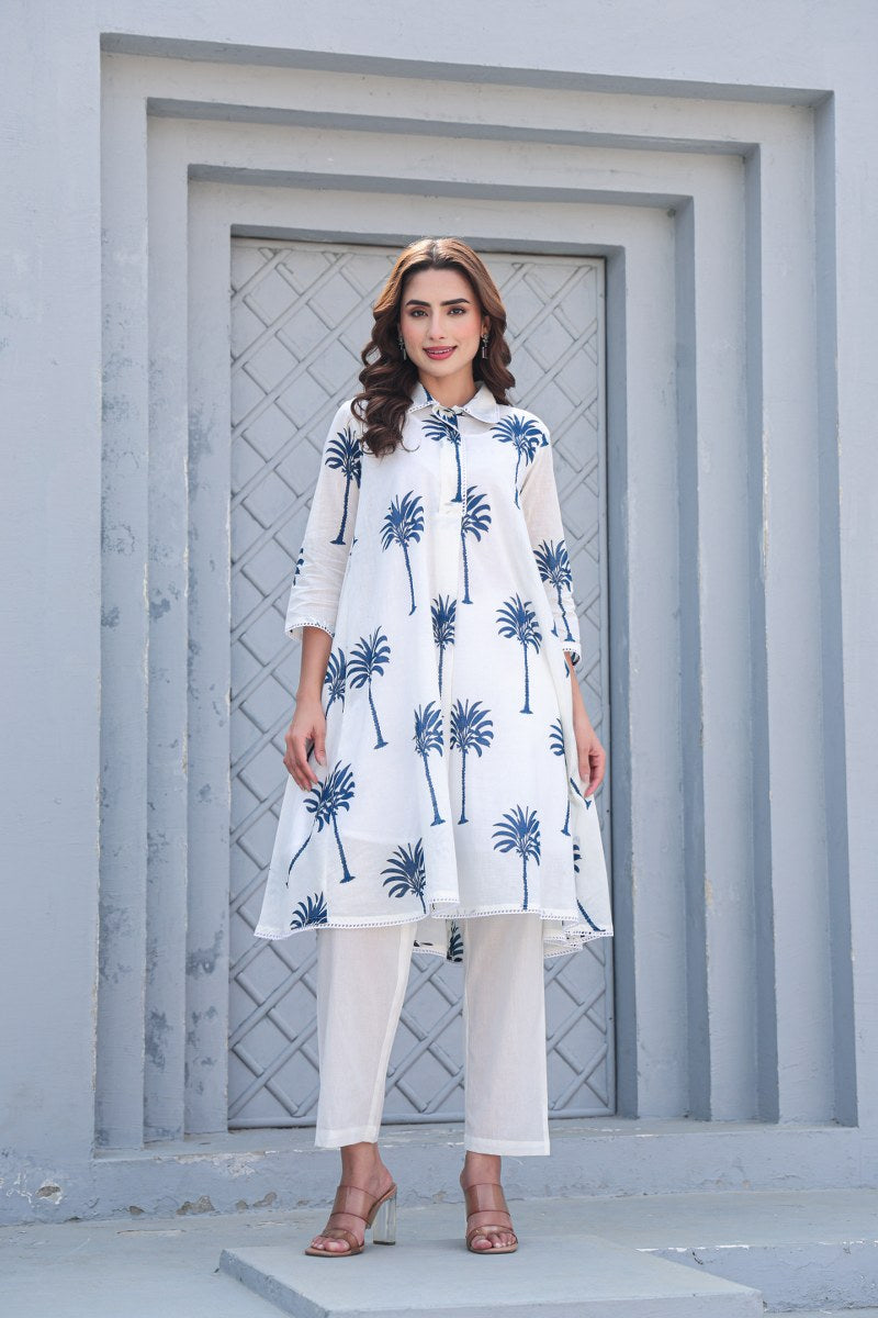 PREMIUM WHITE COTTON CO-ORD SET WITH HAND BLOCK PALM PRINT – COMFORTABLE & STYLISH DAILY WEAR
