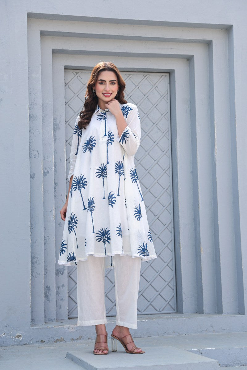 PREMIUM WHITE COTTON CO-ORD SET WITH HAND BLOCK PALM PRINT – COMFORTABLE & STYLISH DAILY WEAR