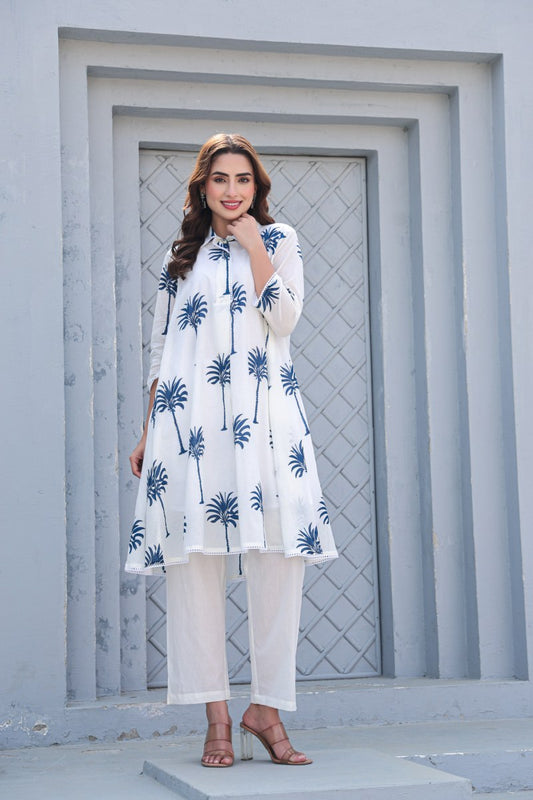 PREMIUM WHITE COTTON CO-ORD SET WITH HAND BLOCK PALM PRINT – COMFORTABLE & STYLISH DAILY WEAR