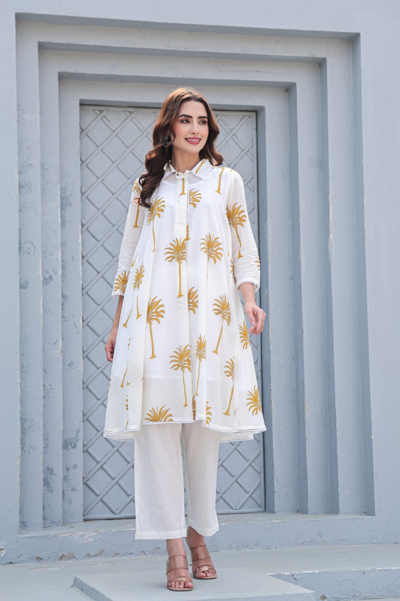 PREMIUM WHITE COTTON CO-ORD SET WITH HAND BLOCK PALM PRINT – COMFORTABLE & STYLISH DAILY WEAR