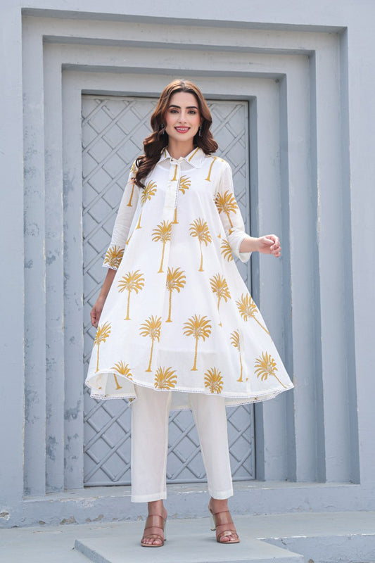 PREMIUM WHITE COTTON CO-ORD SET WITH HAND BLOCK PALM PRINT – COMFORTABLE & STYLISH DAILY WEAR