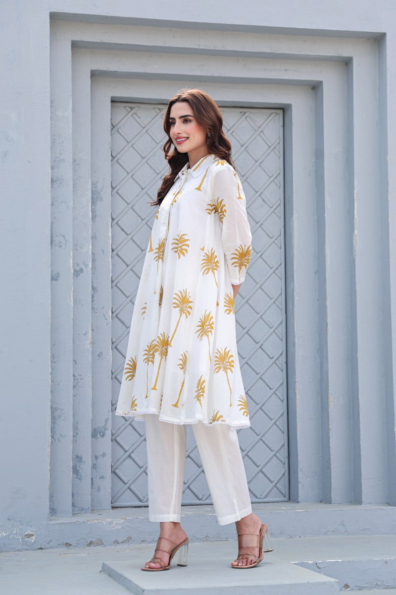 PREMIUM WHITE COTTON CO-ORD SET WITH HAND BLOCK PALM PRINT – COMFORTABLE & STYLISH DAILY WEAR