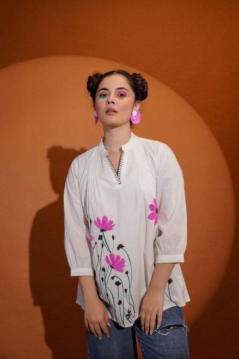DAISY BLOOM HAND-PAINTED COTTON SHIRT – FOR WOMEN