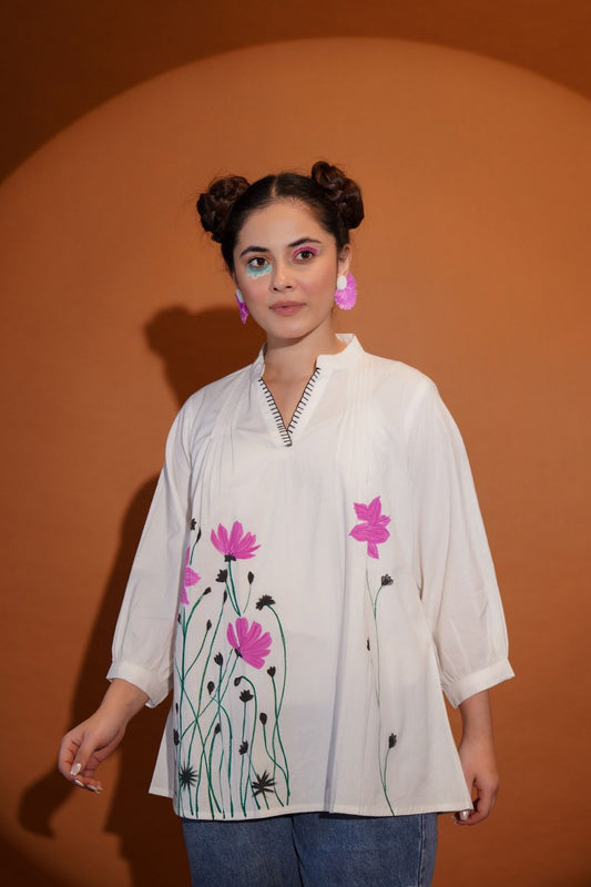 DAISY BLOOM HAND-PAINTED COTTON SHIRT – FOR WOMEN