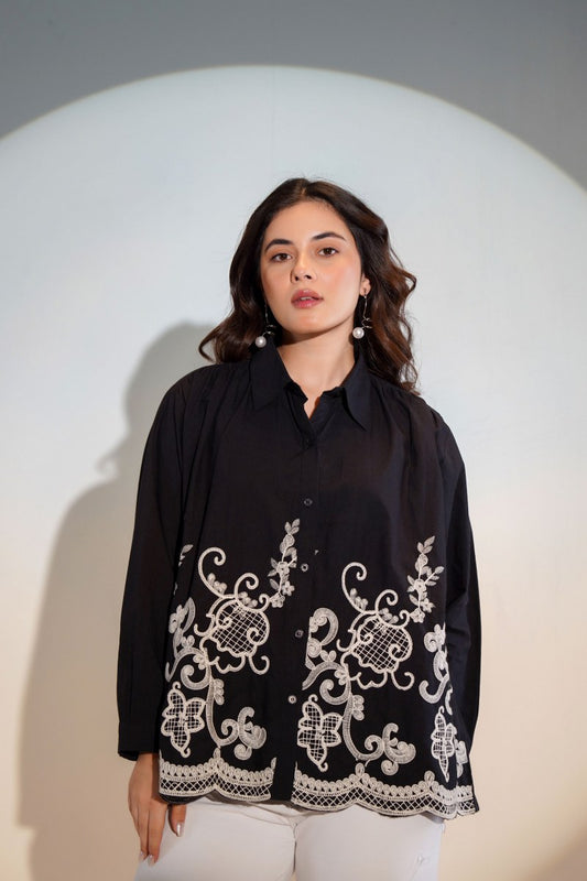 ELEGANT BLACK COTTON SHIRT WITH WHITE THREAD EMBROIDERY – FOR WOMEN