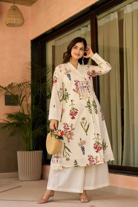 Elegant Floral Printed Cotton Wrap Kurta Set – Off White