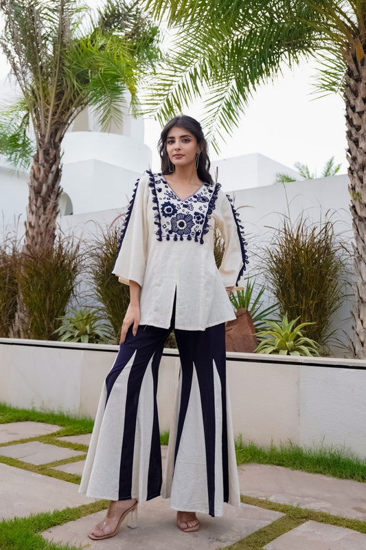 Off White & Navy Blue Embroidered Cotton Co-ord Set for Women – Stylish Ethnic Top & Pant Set