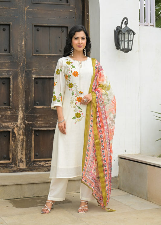Off White Floral Embroidered Cotton Kurta Set with Printed Dupatta – Elegant Ethnic Wear for Women