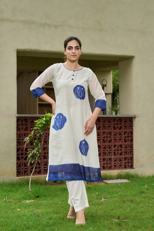 Elegant Cotton Kurta Set – Off White with Blue Floral Print