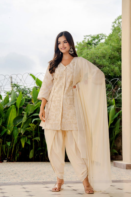 Designer Off-White Flared Kurta with Dhoti Pants & Dupatta – Women’s Festive Ethnic Set