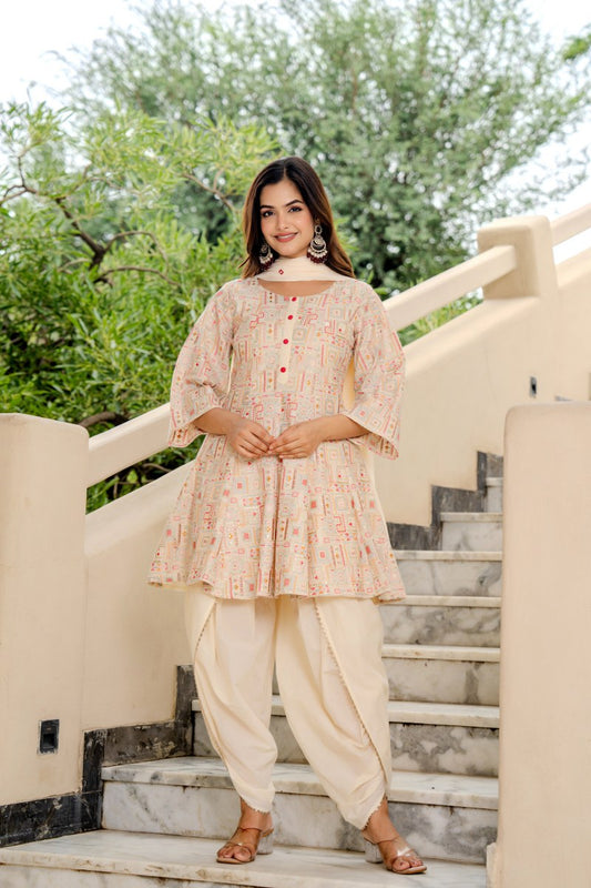 Chic Off-White Embroidered Kurta with Dhoti Pants & Dupatta – Festive Ethnic Set for Women