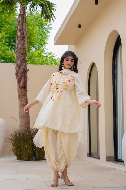 Elegant Off-White Embroidered Kurta with Dhoti Pants – Festive & Ethnic Wear for Women