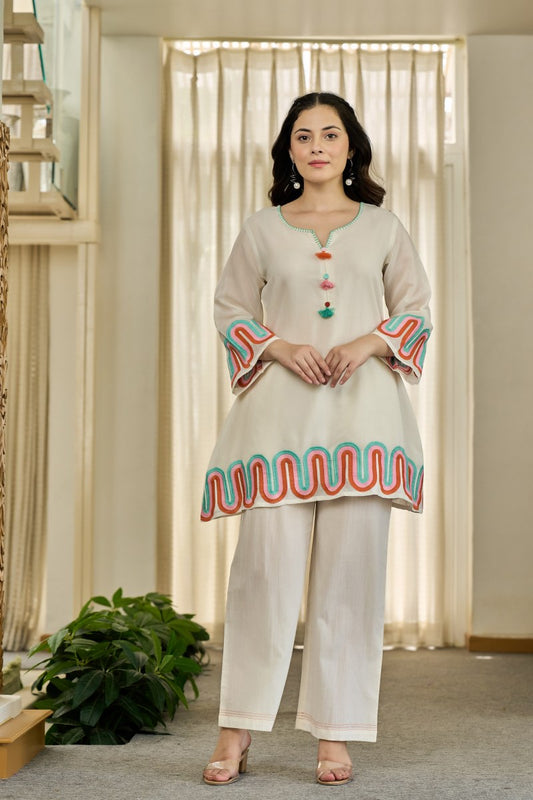 Ivory Cord Set with Multicolor Wave Detailing