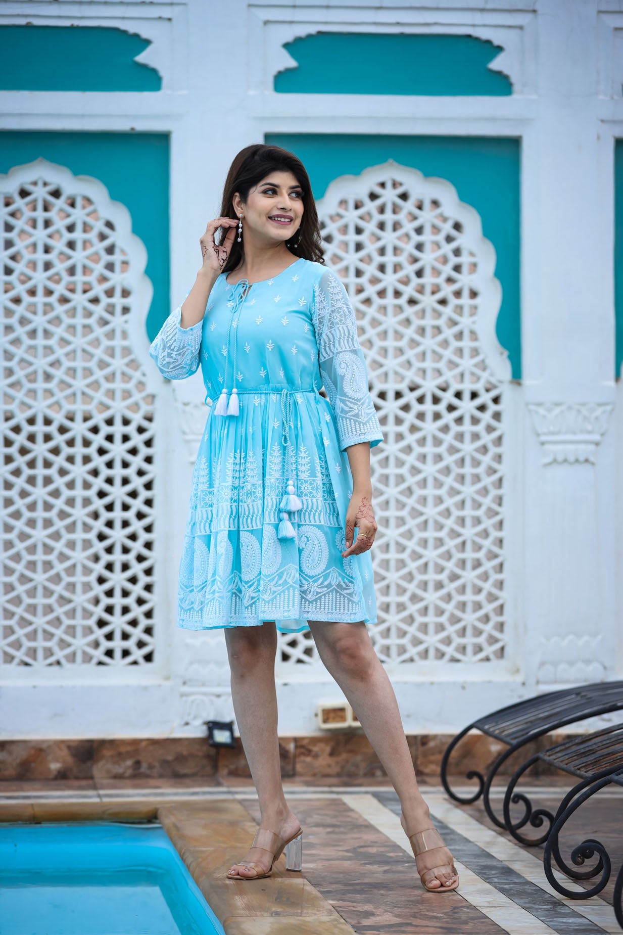 Lucknowi Chikenkari Short Dress.