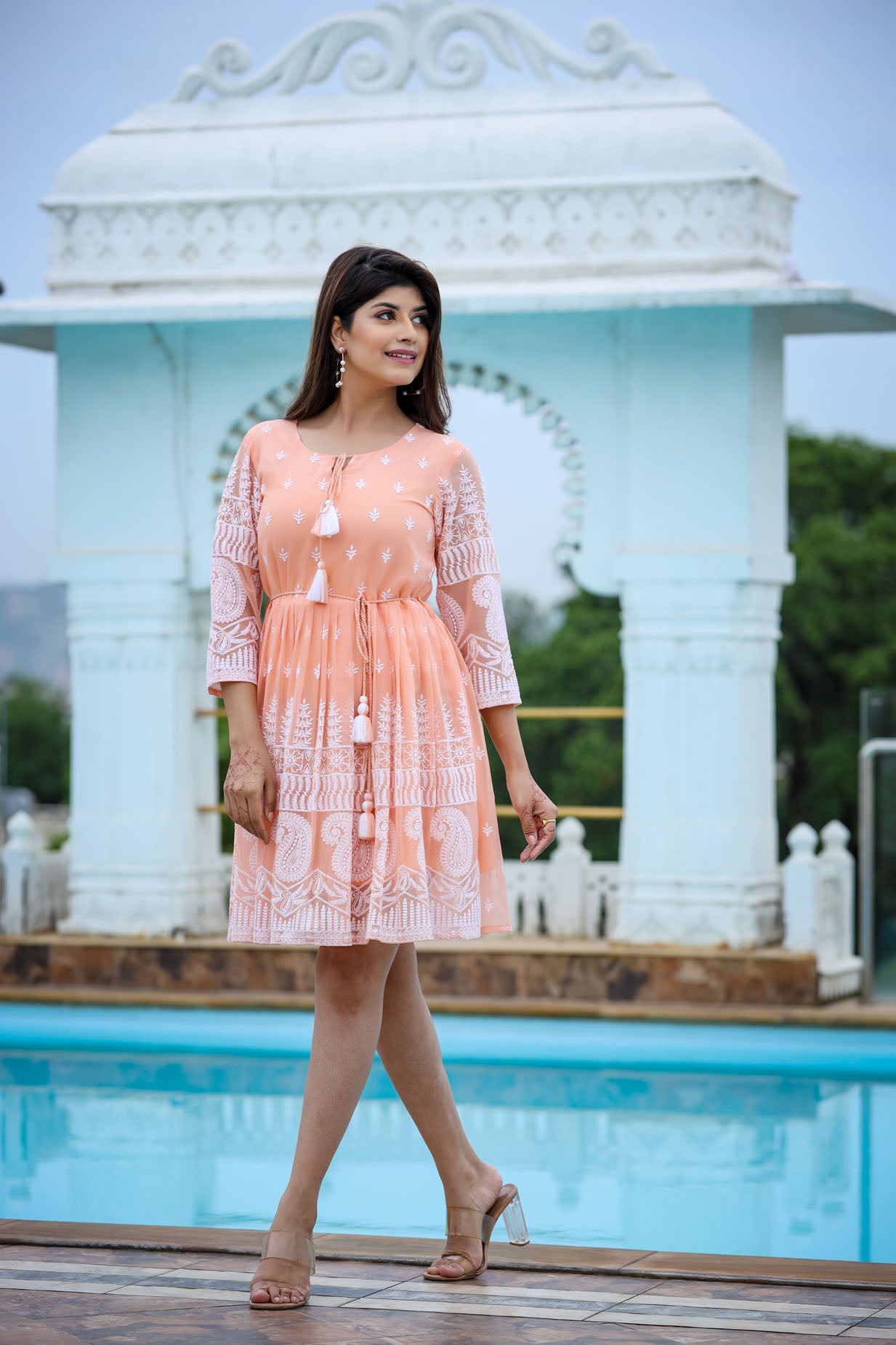 Lucknowi Chikenkari Short Dress.