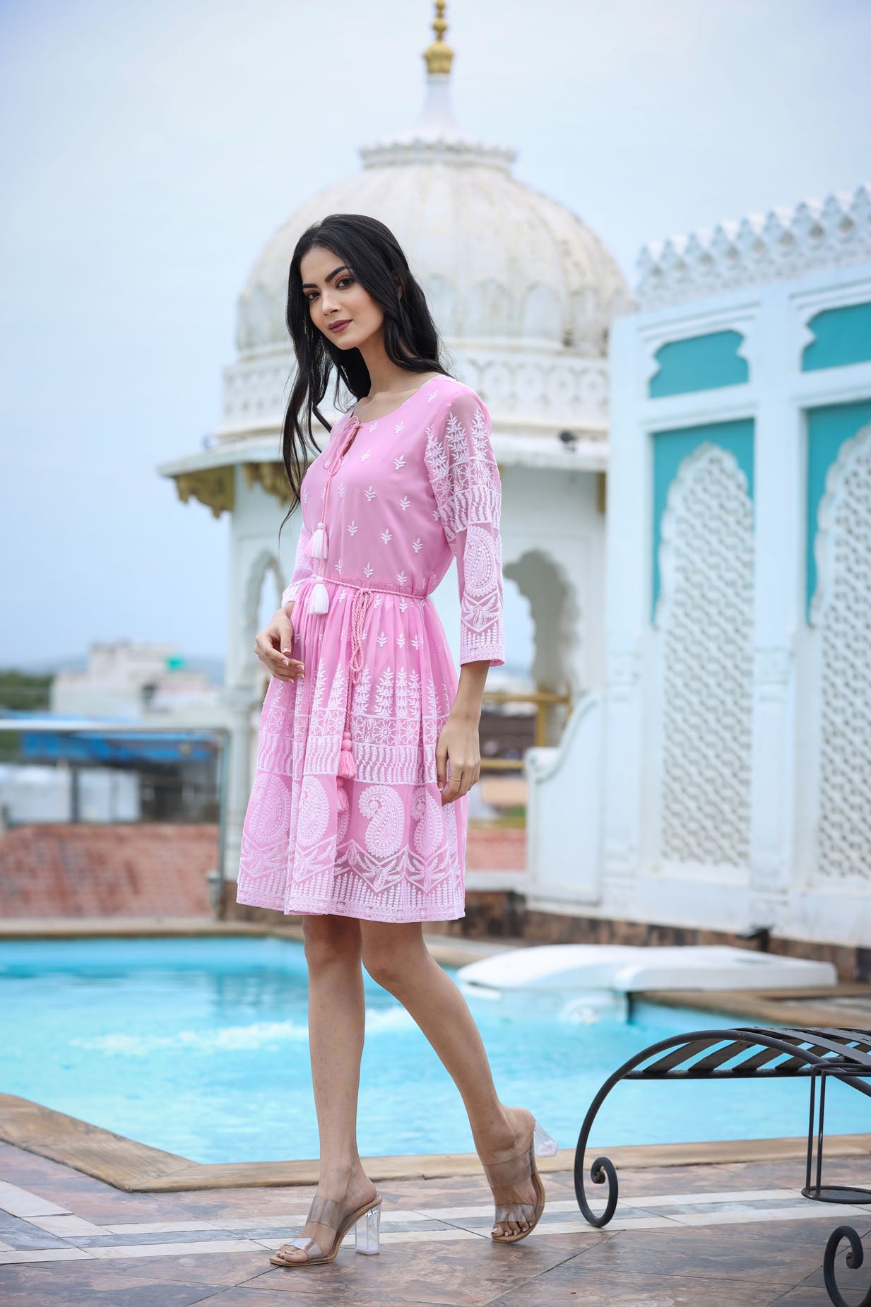 Lucknowi Chikenkari Short Dress.