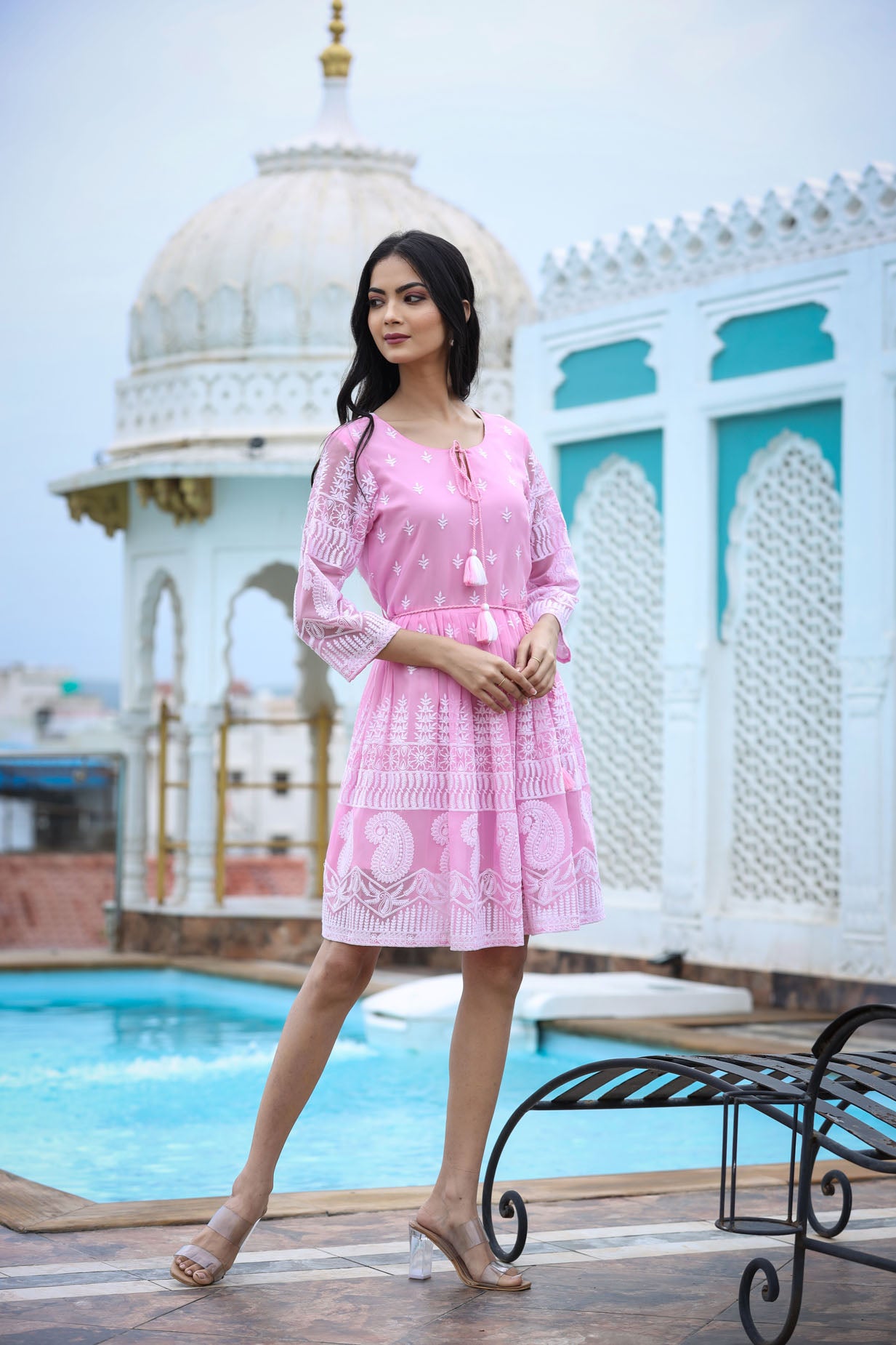 Lucknowi Chikenkari Short Dress.
