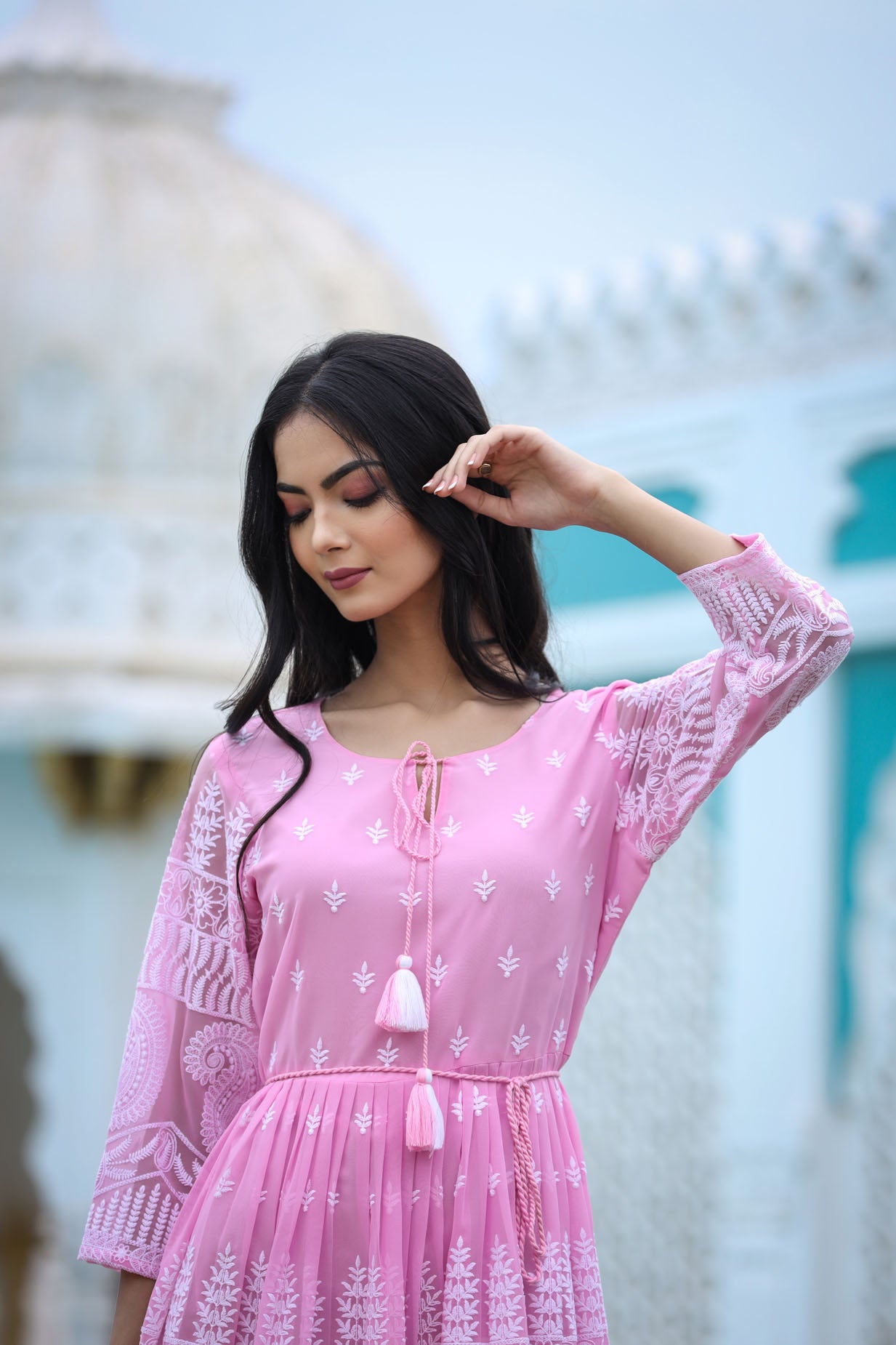 Lucknowi Chikenkari Short Dress.
