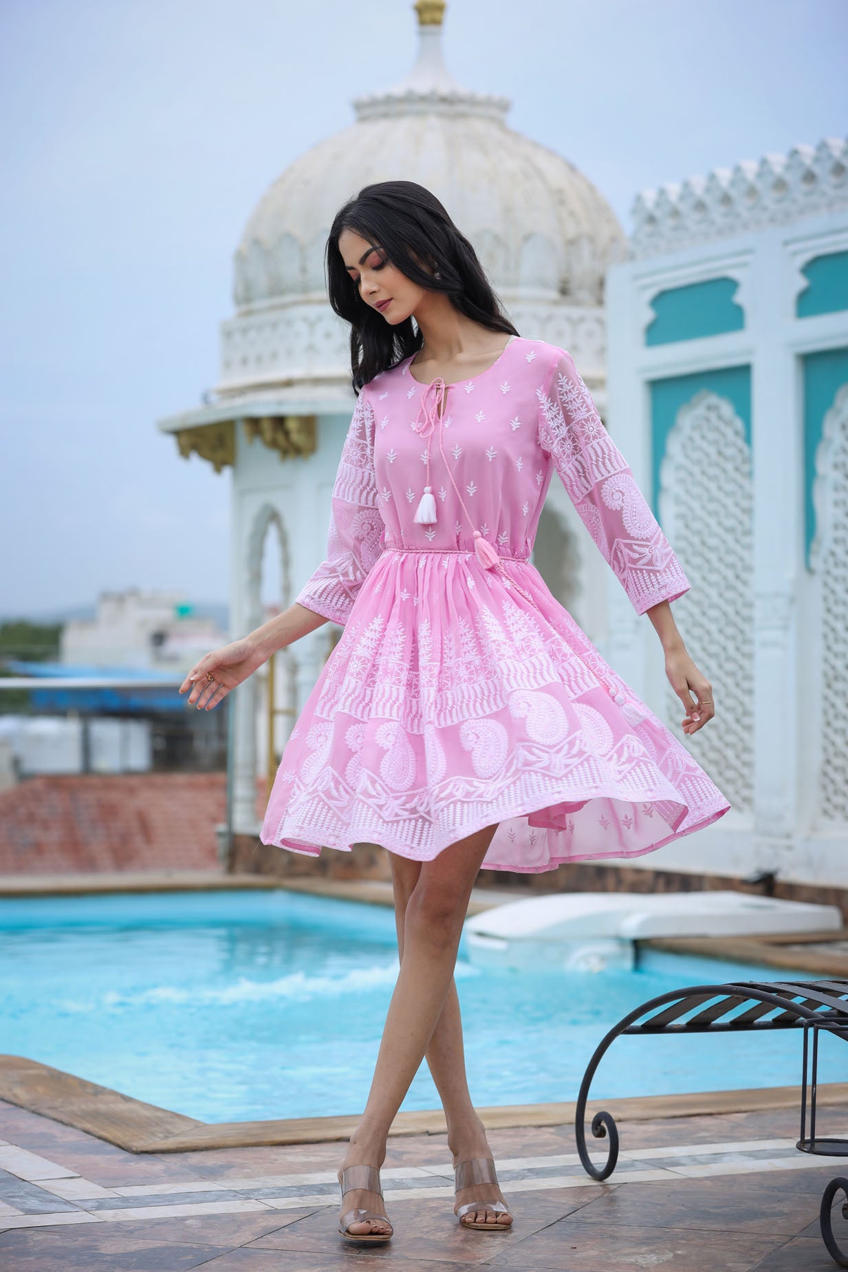 Lucknowi Chikenkari Short Dress.
