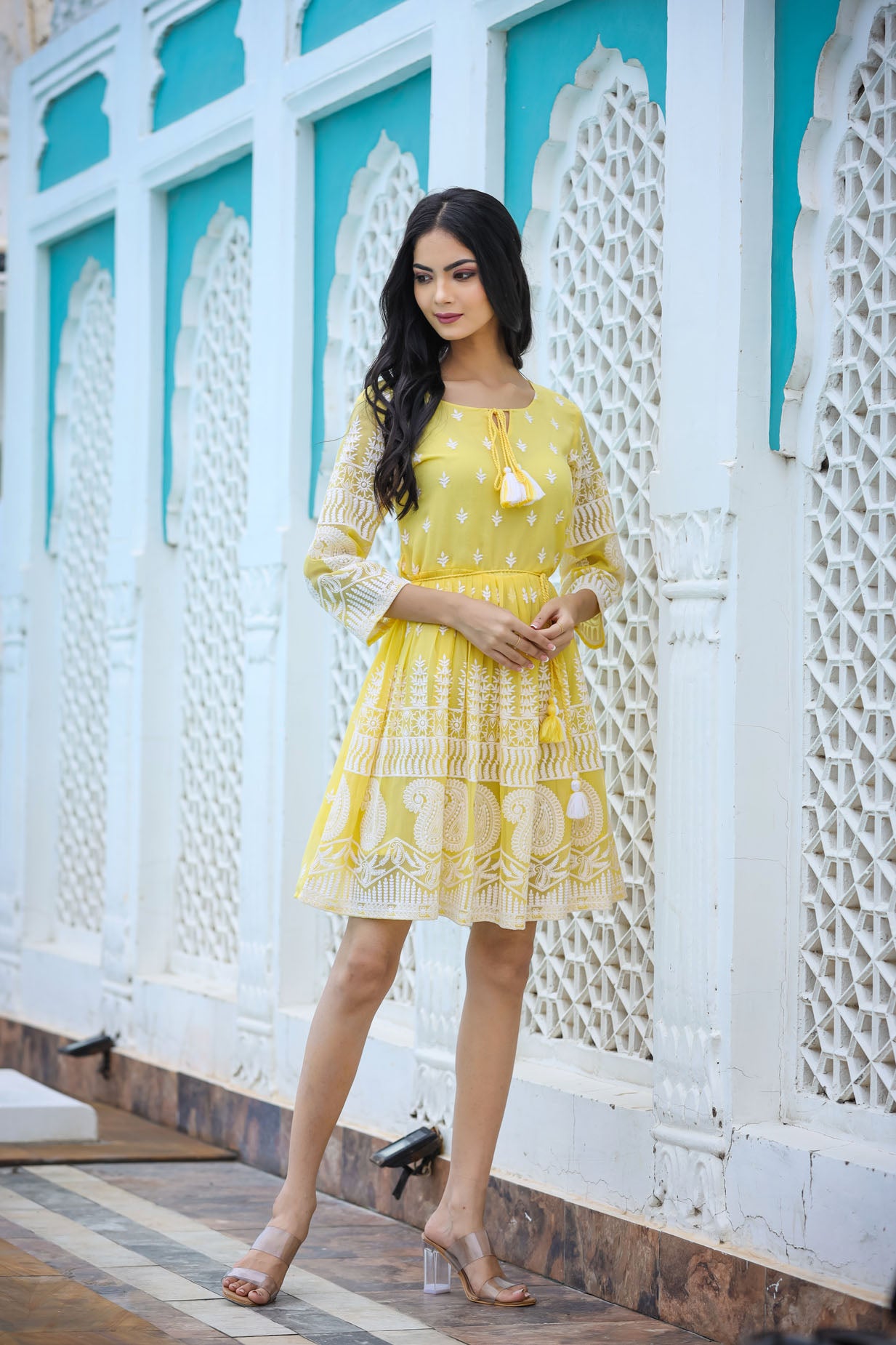 Lucknowi Chikenkari Short Dress.