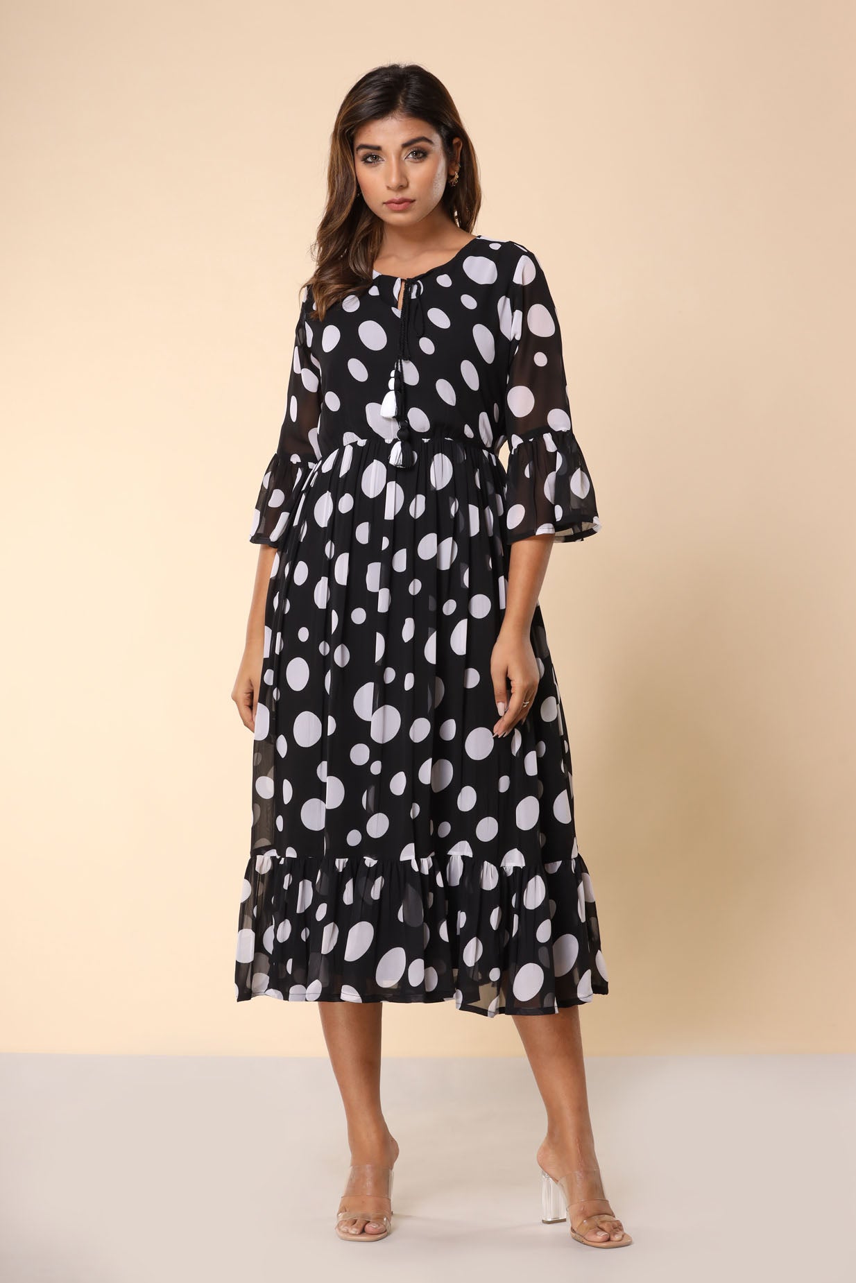 Black Polka Flared Long Dress