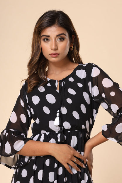 Black Polka Flared Long Dress