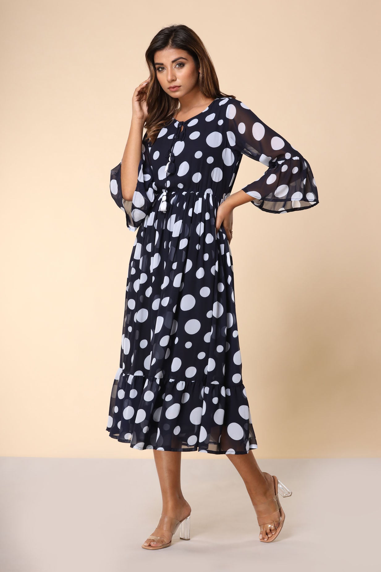 Blue Polka Flared Long Dress