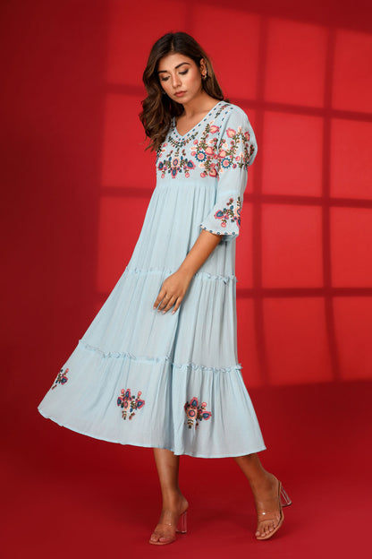 Mix Fabric Embroidred Ankle Dress