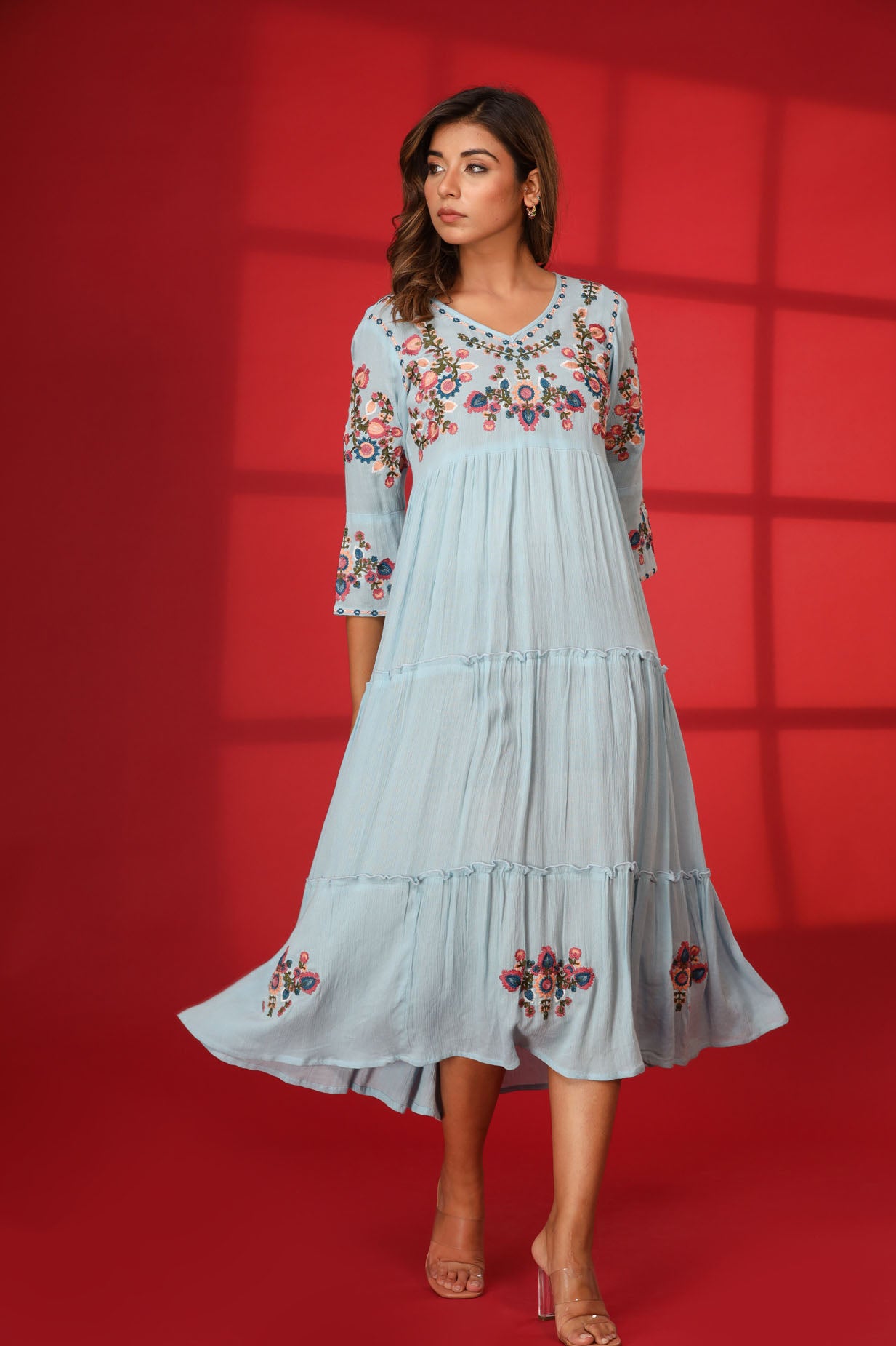 Mix Fabric Embroidred Ankle Dress