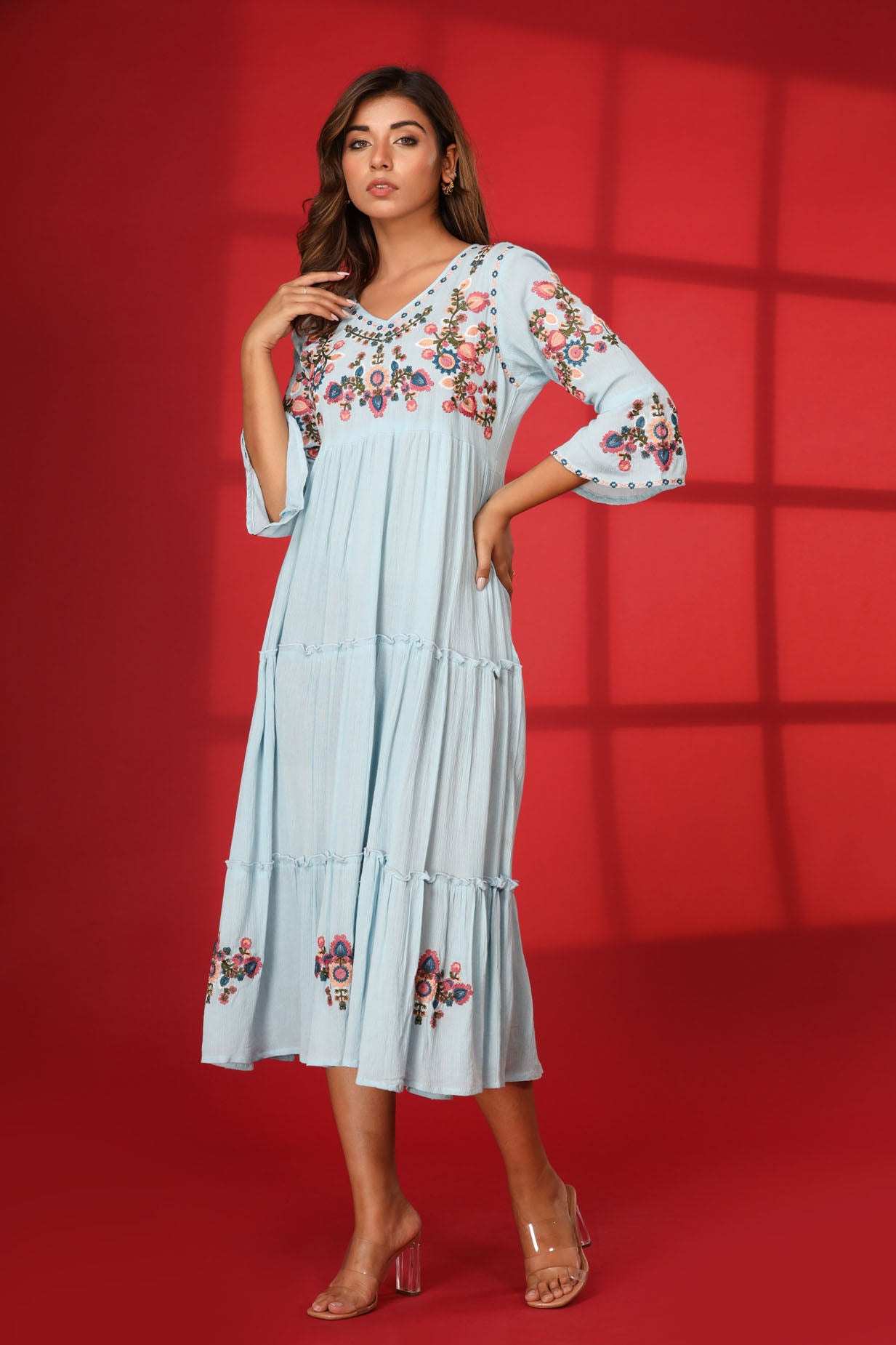 Mix Fabric Embroidred Ankle Dress