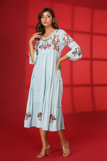Mix Fabric Embroidred Ankle Dress