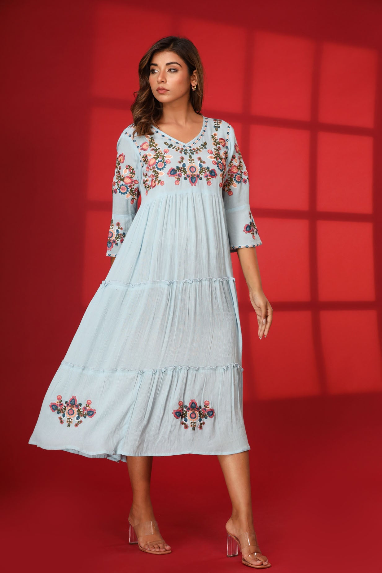Mix Fabric Embroidred Ankle Dress