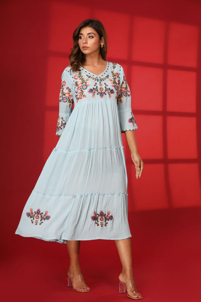 Mix Fabric Embroidred Ankle Dress