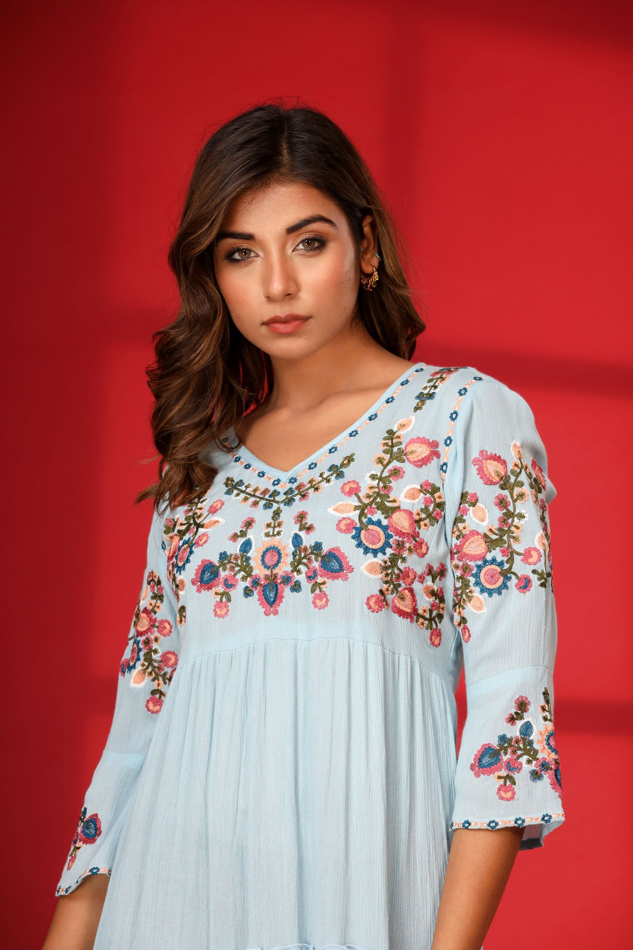 Mix Fabric Embroidred Ankle Dress