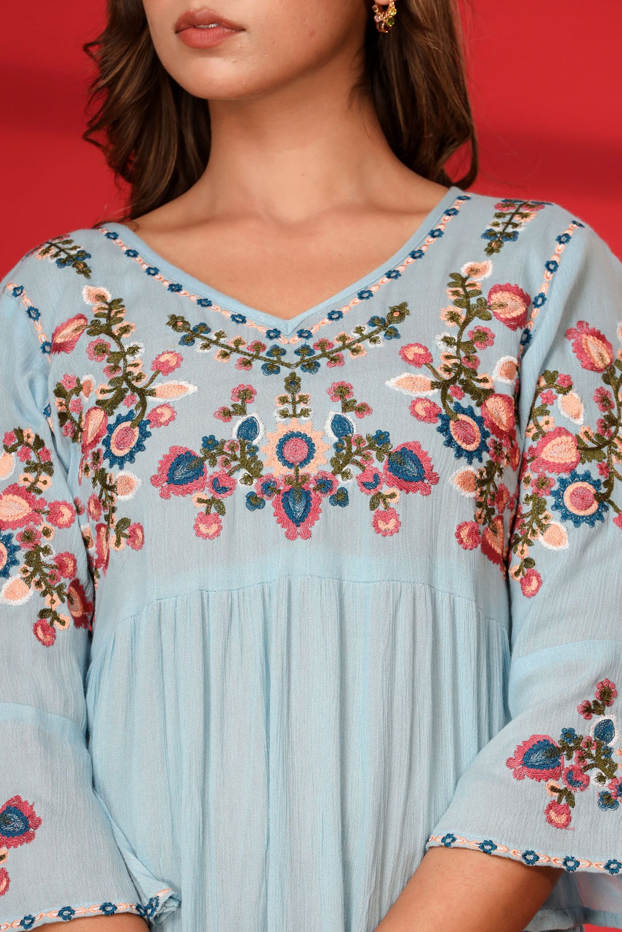 Mix Fabric Embroidred Ankle Dress