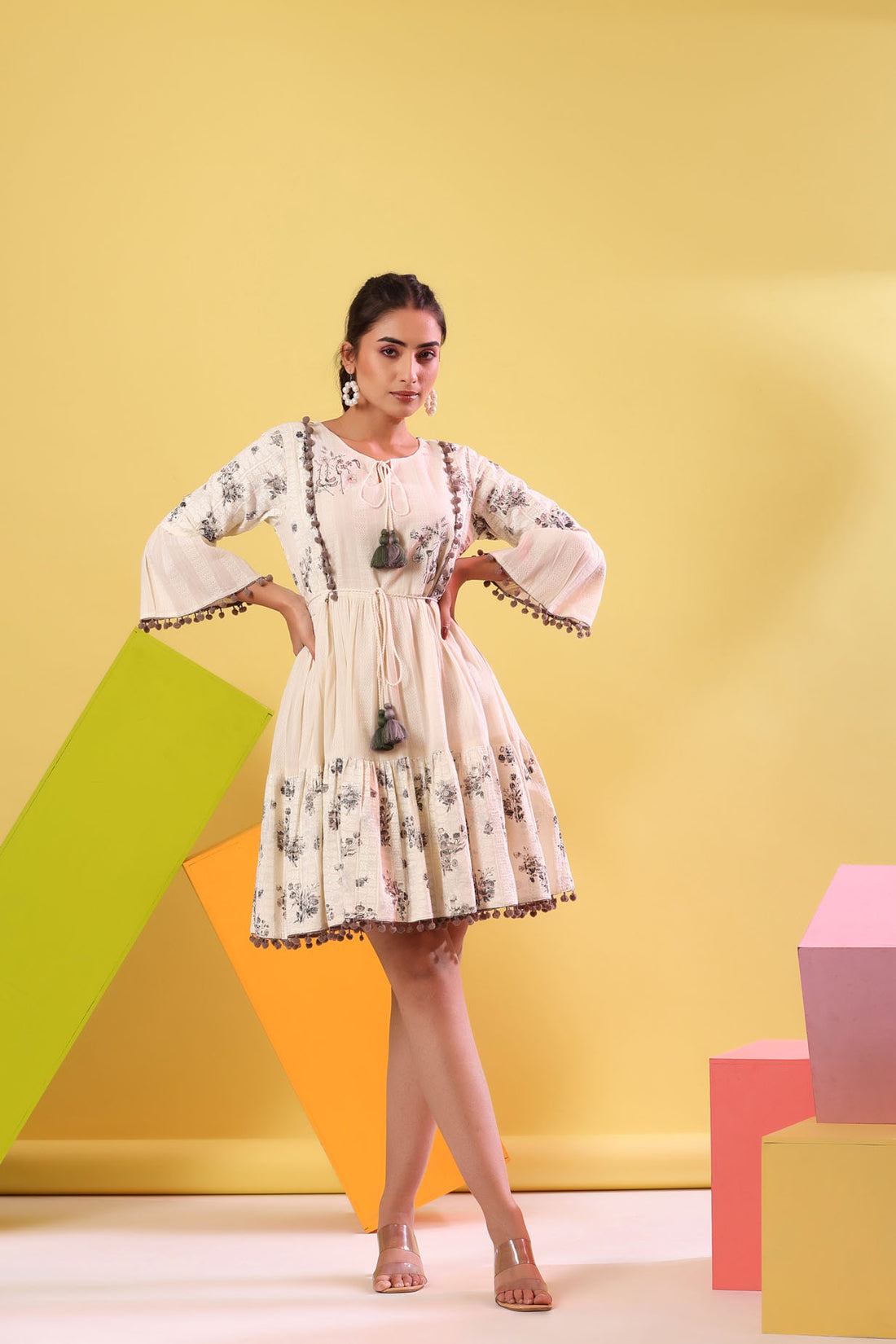 Dobby Off White Short Dress