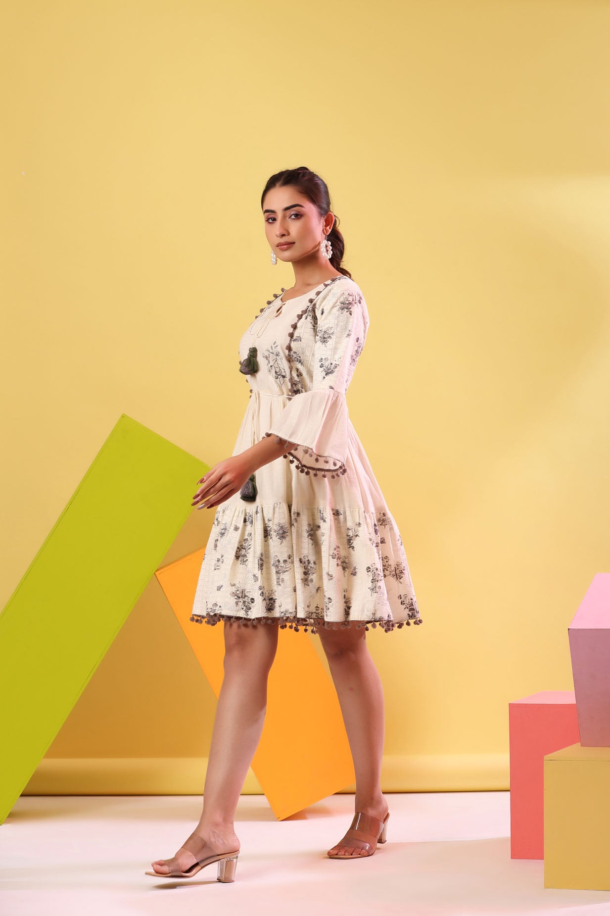 Dobby Off White Short Dress