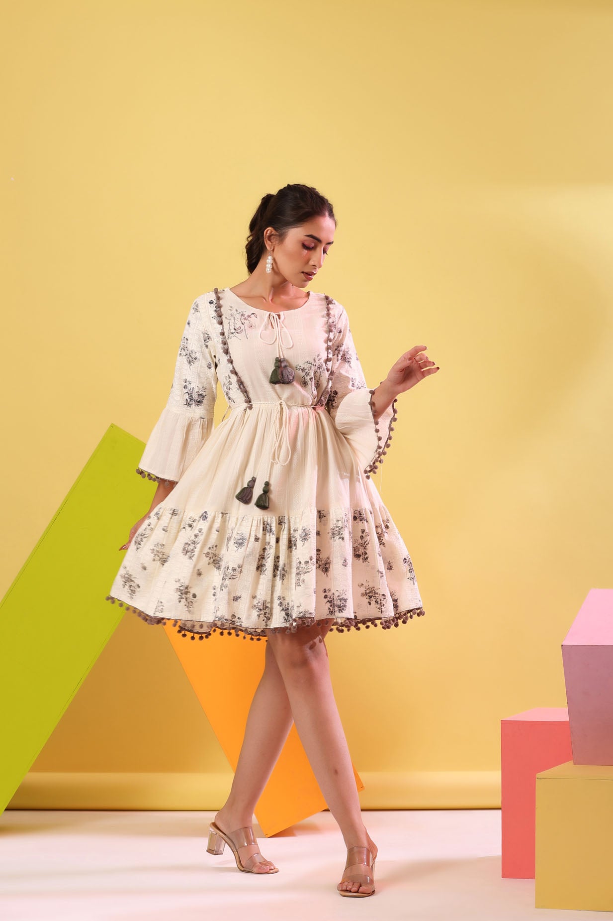Dobby Off White Short Dress