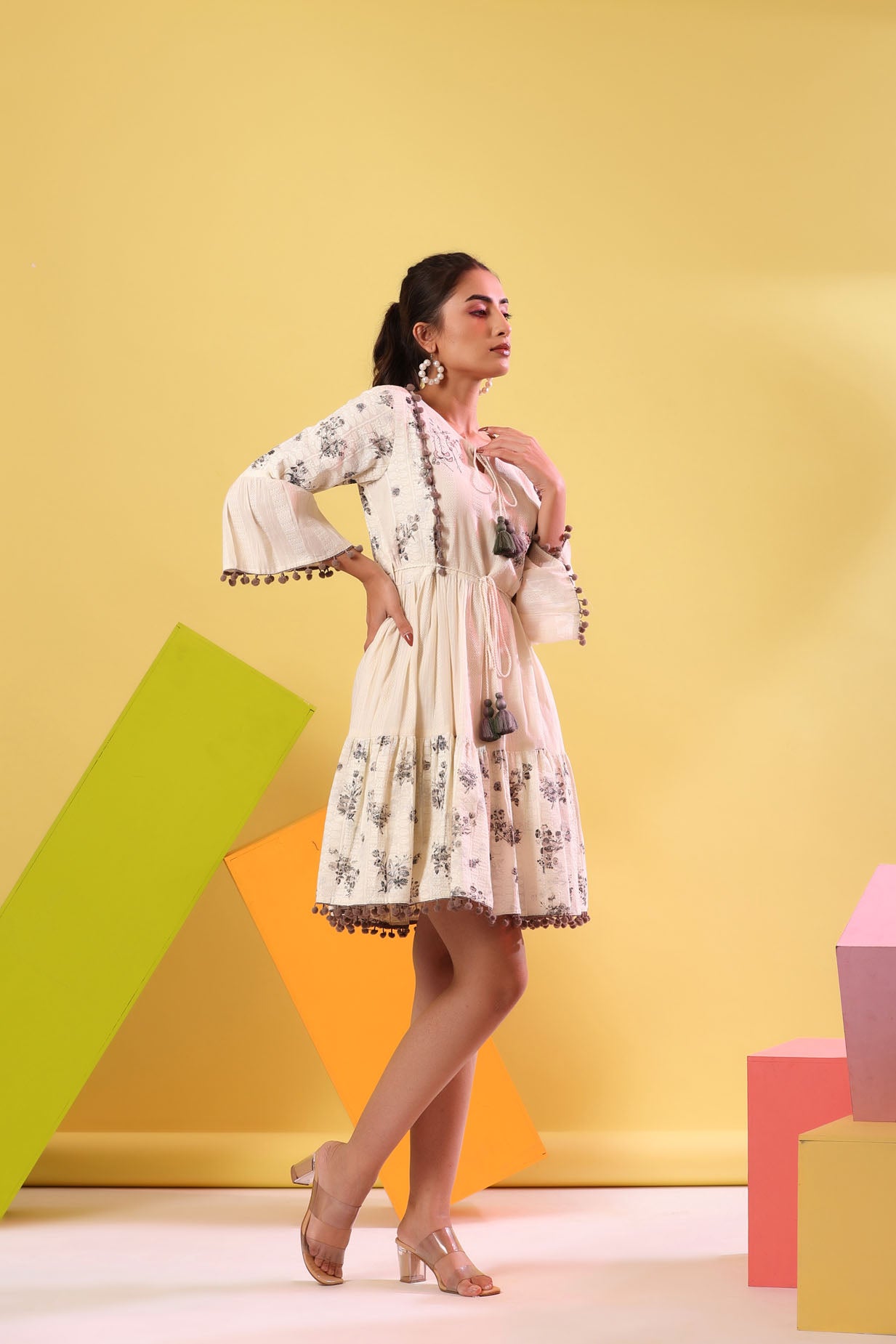 Dobby Off White Short Dress