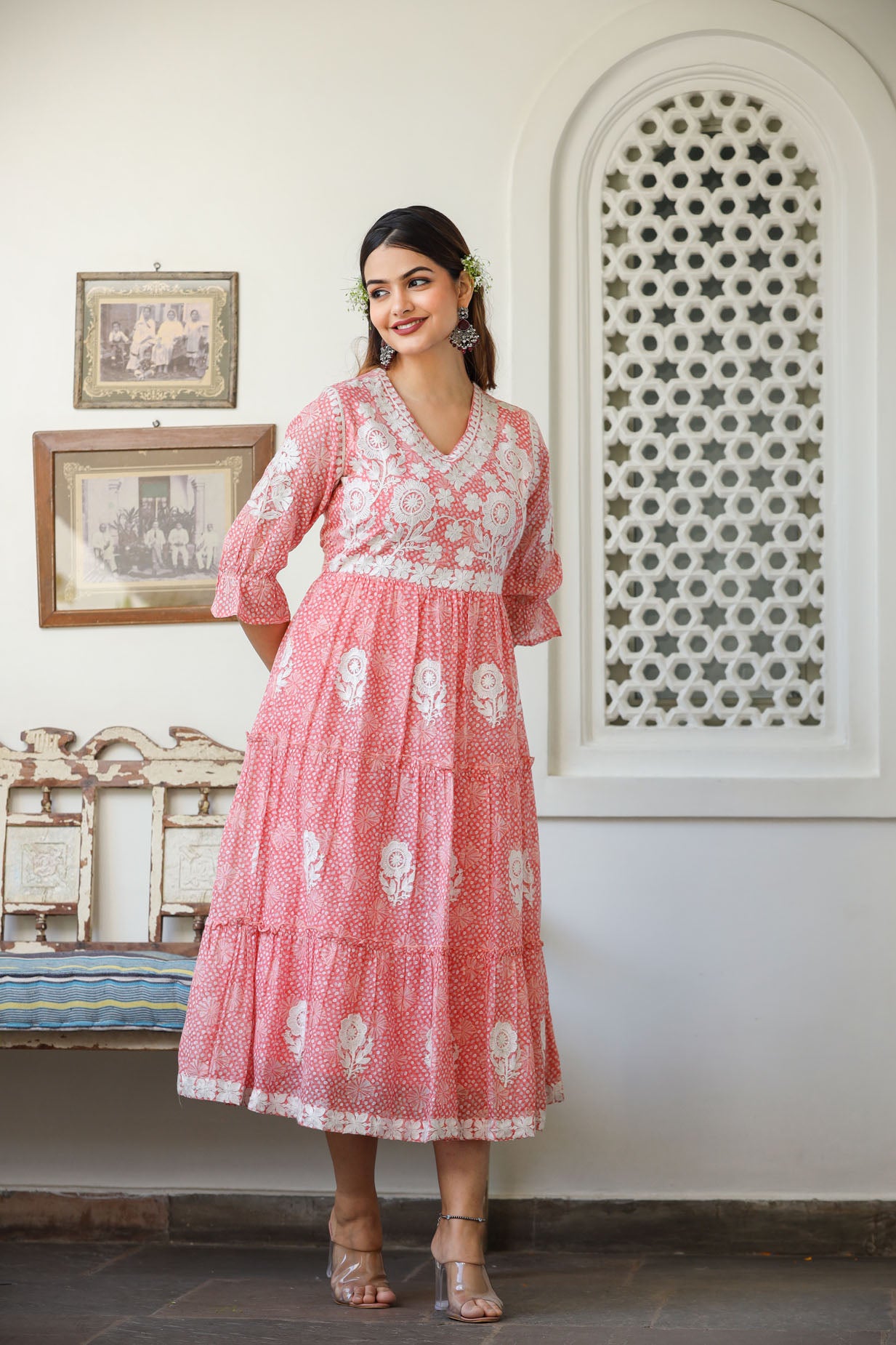 Cotton Embroidered Pink Middi