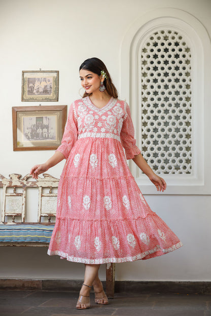 Cotton Embroidered Pink Middi