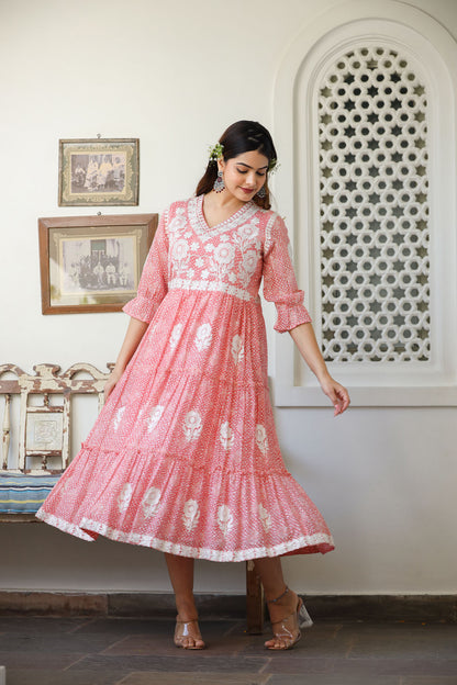 Cotton Embroidered Pink Middi