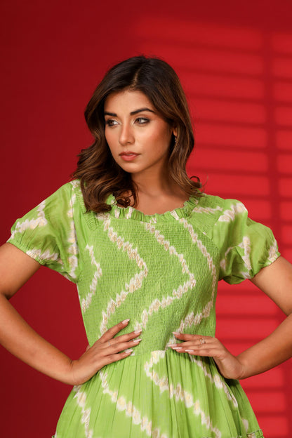 Cotton Printed Green Short Dress